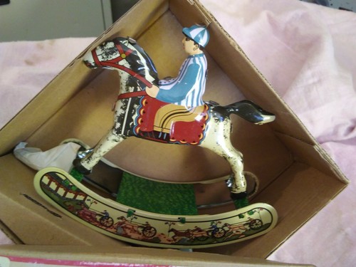 NRFB Tin Toy Reproduction Rocking Horse And Jockey