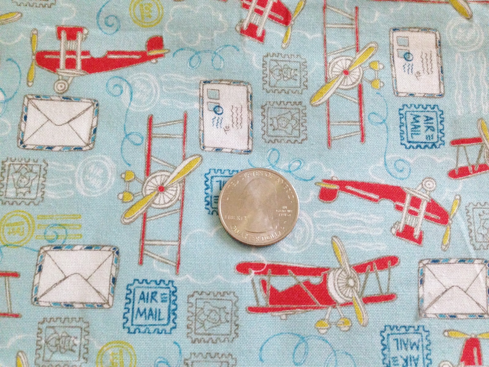 2 Yards Blue Airplane Baby Quilt Fabric Cotton Material with White & Red