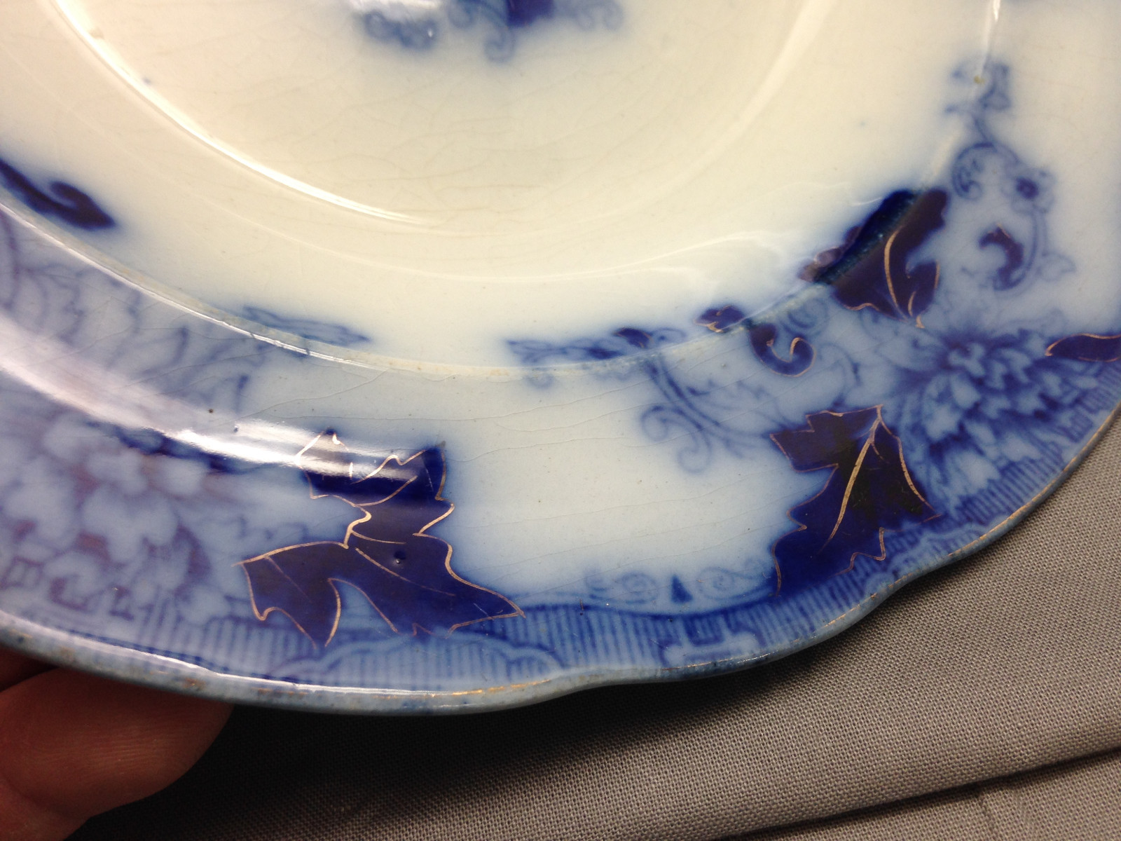 Antique Brugess & Campbell Flow Blue Rimmed Soup Bowl Balmoral Royal Gold Trim