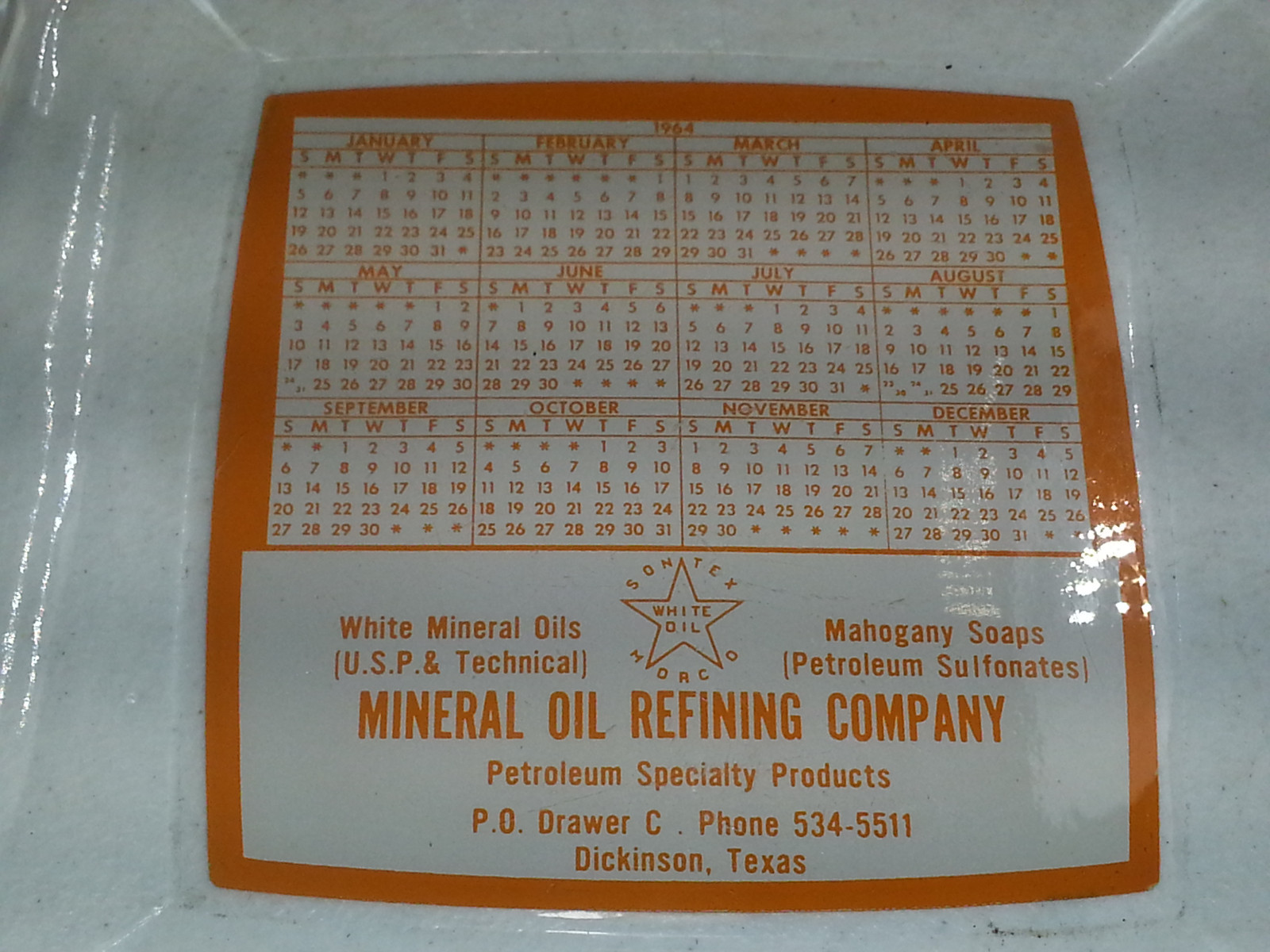 Vintage 1964 glass ashtray MINERAL OIL REFINING COMPANY Dickinson Texas NICE!