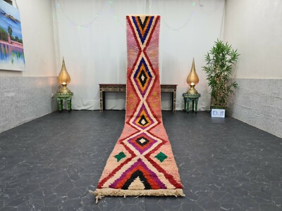 Moroccan Boujaad Handmade Rug 2'1''x14'6'' Berber Geometric Red Black Carpet 