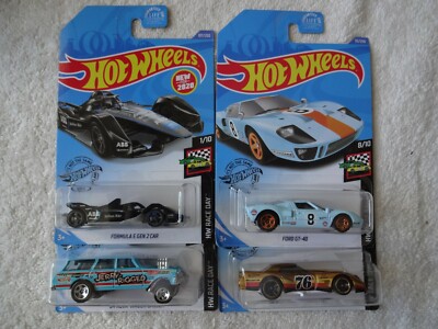 Hot Wheels HW Race Day '54 Nova Gasser, Ford GT-4, '76 Greenwood, & Formula E