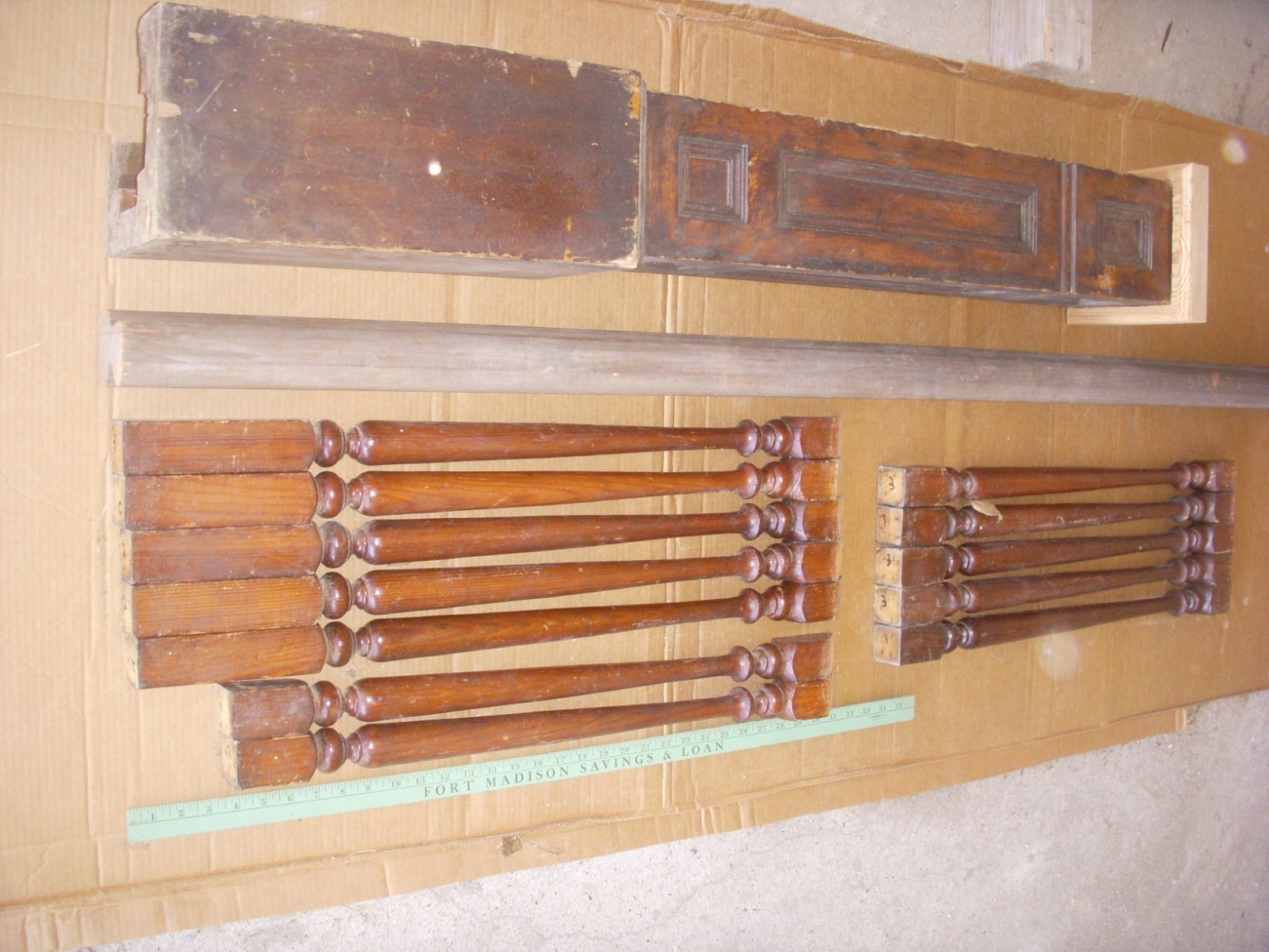 antique newel post & railing & spindles.