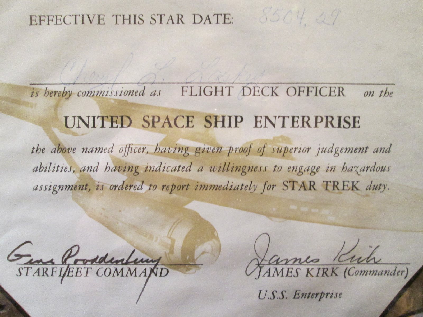 UNITED SPACE SHIP ENTERPRISE FLIGHT DECK OFFICER COMMISSIONED CERTIFICATE