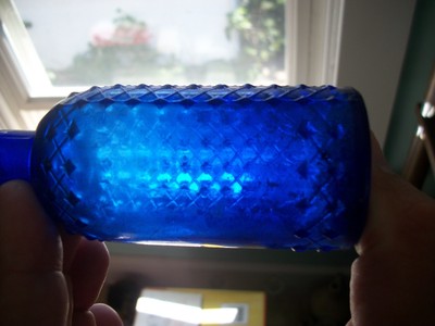 COBALT BLUE HAND BLOWN LATTICE POISON W.T. CO. 4.5 INCHES TALL