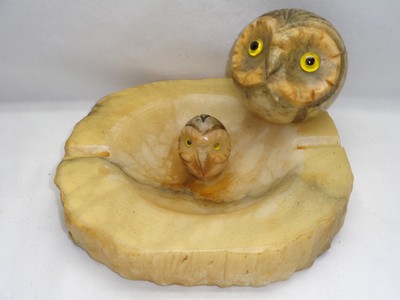 Vtg Italian Alabaster Marble Stone Carved Owl Ashtray & Owl Head Paperweight