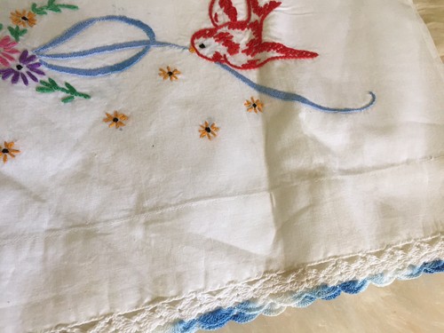Vintage Pillowcases Set Embroidered Birds Bows Floral Crochet Trim