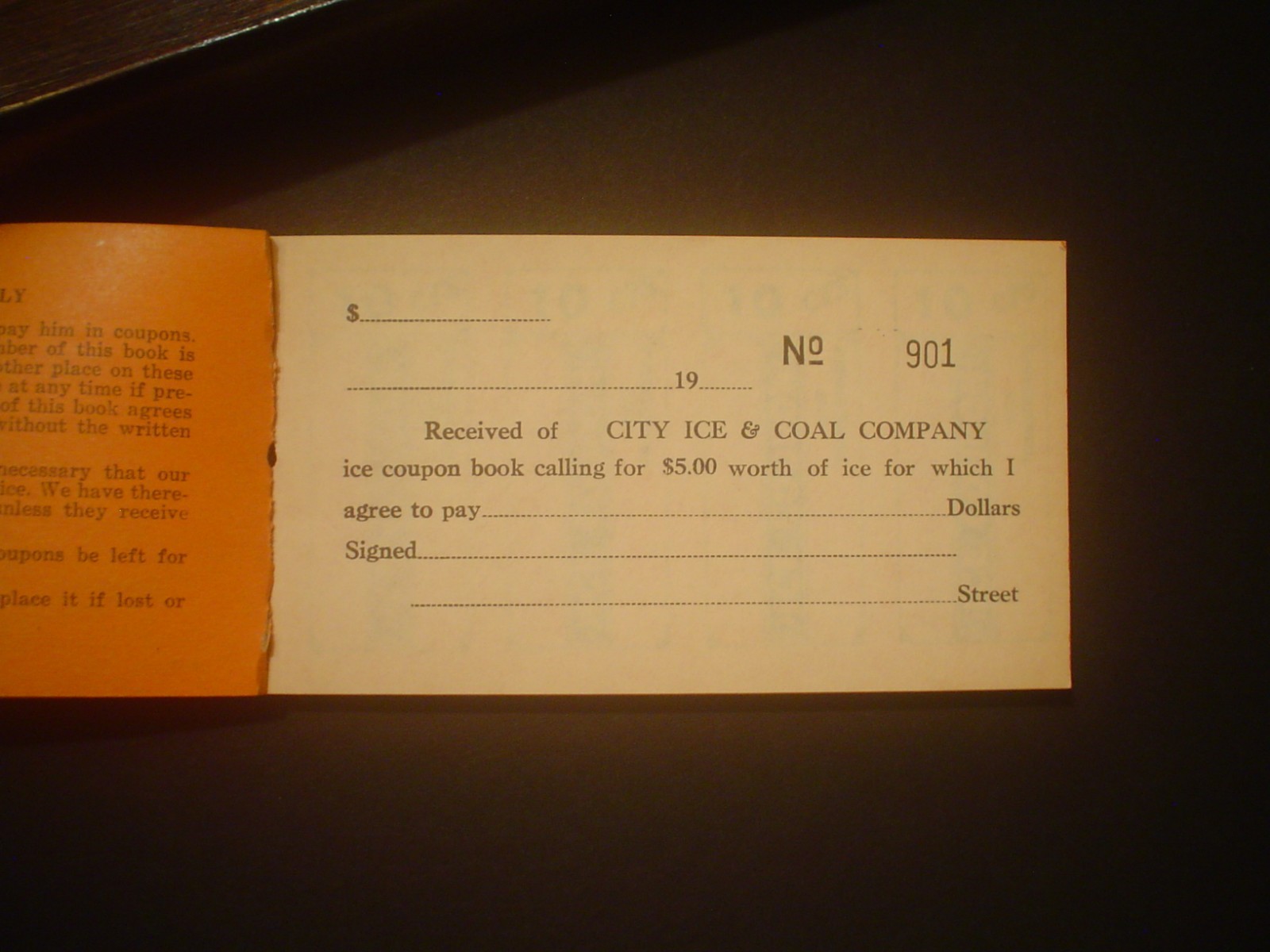* VINTAGE ICE COUPON BOOK - CITY ICE & COAL COMPANY $5.00 LOCATION UNKNOWN