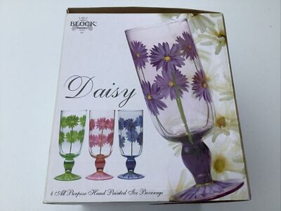 Vintage New Block Drinking Glasses Set of 4 Daisy Flower Hand Painted in Box Y2K