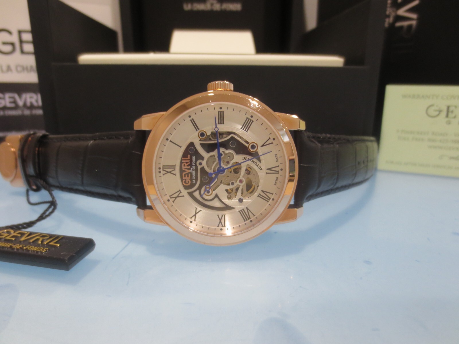 Pre-owned Gevril Men's 2694 Vanderbilt Swiss Automatic Rose Gold Open Heart Leather Watch