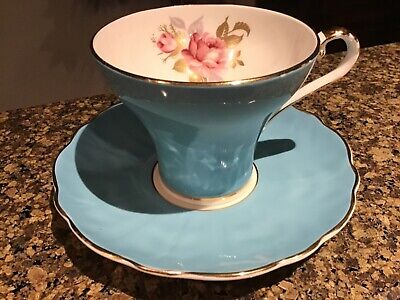 Vtg Aynsley Turquoise Tea Cup w/ Roses On Inside and Saucer w/ Gold Trim  MINT