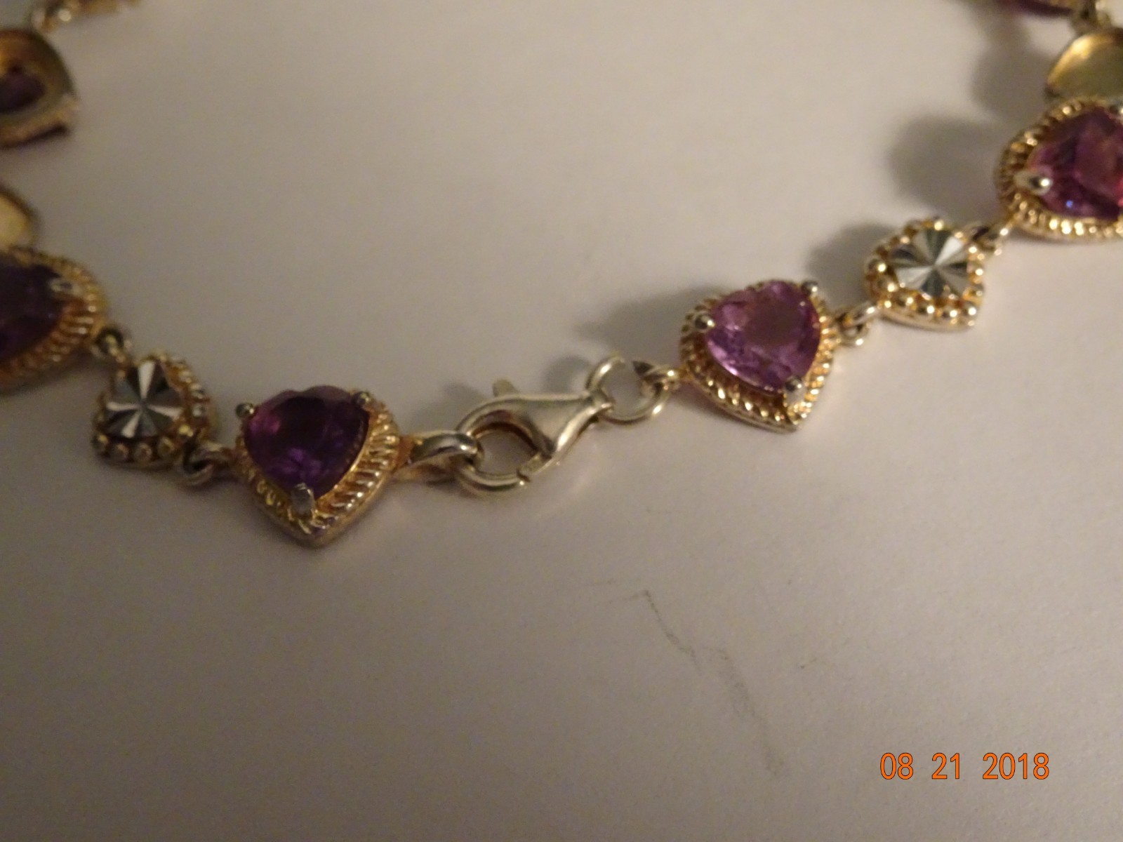 Sterling Silver 2 Tone Heart Amethyst Bracelet-7 1/2