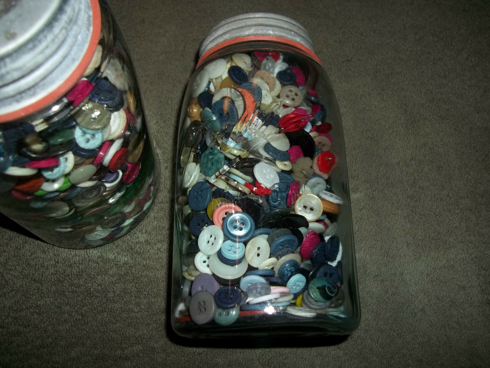 Old Mason GLASS JAR Filled with BUTTONS (Pair)