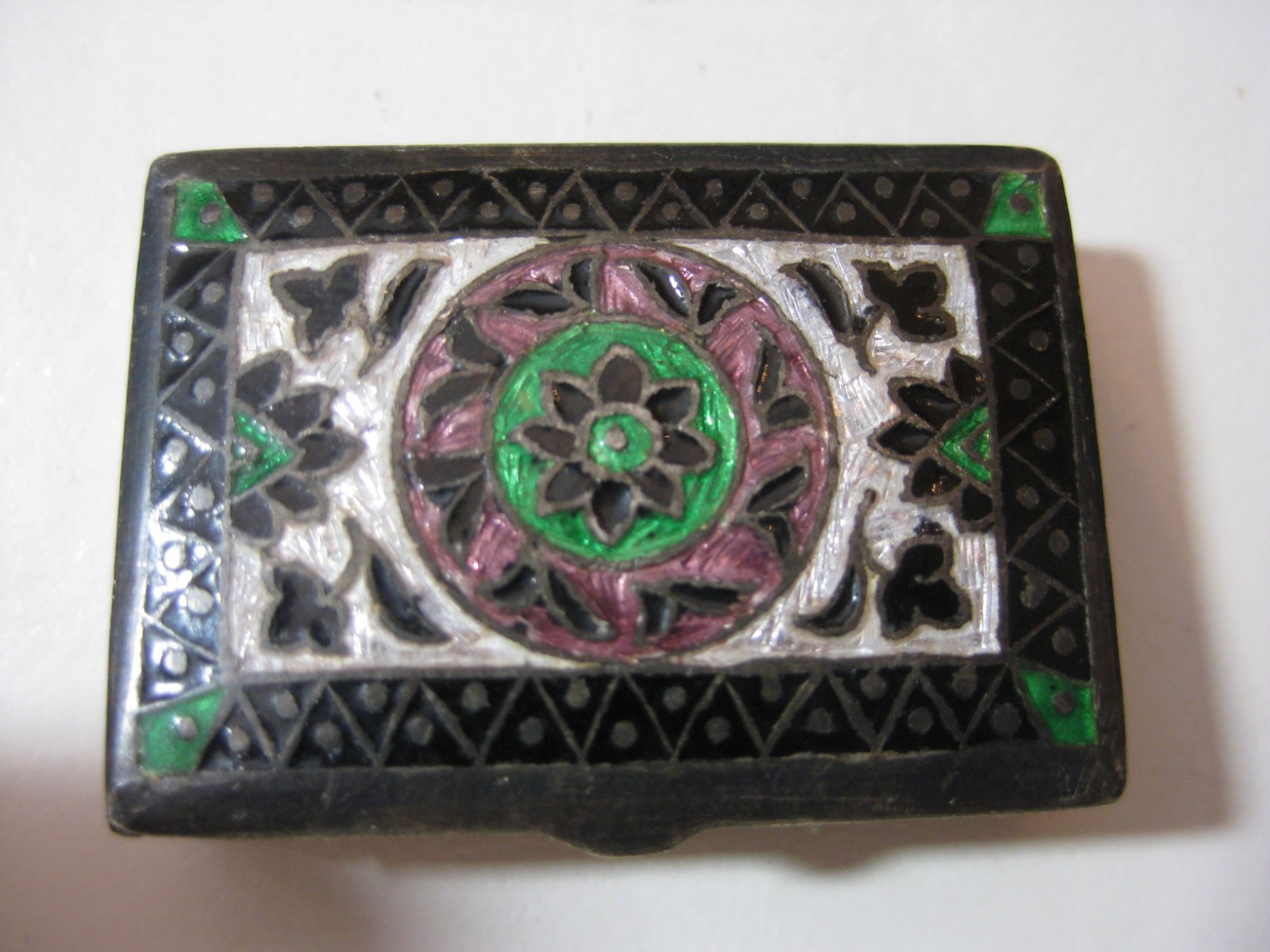 Sterling Silver Multi-Color Cloisonne Enamel Art Snuff Hinged Trinket Box India