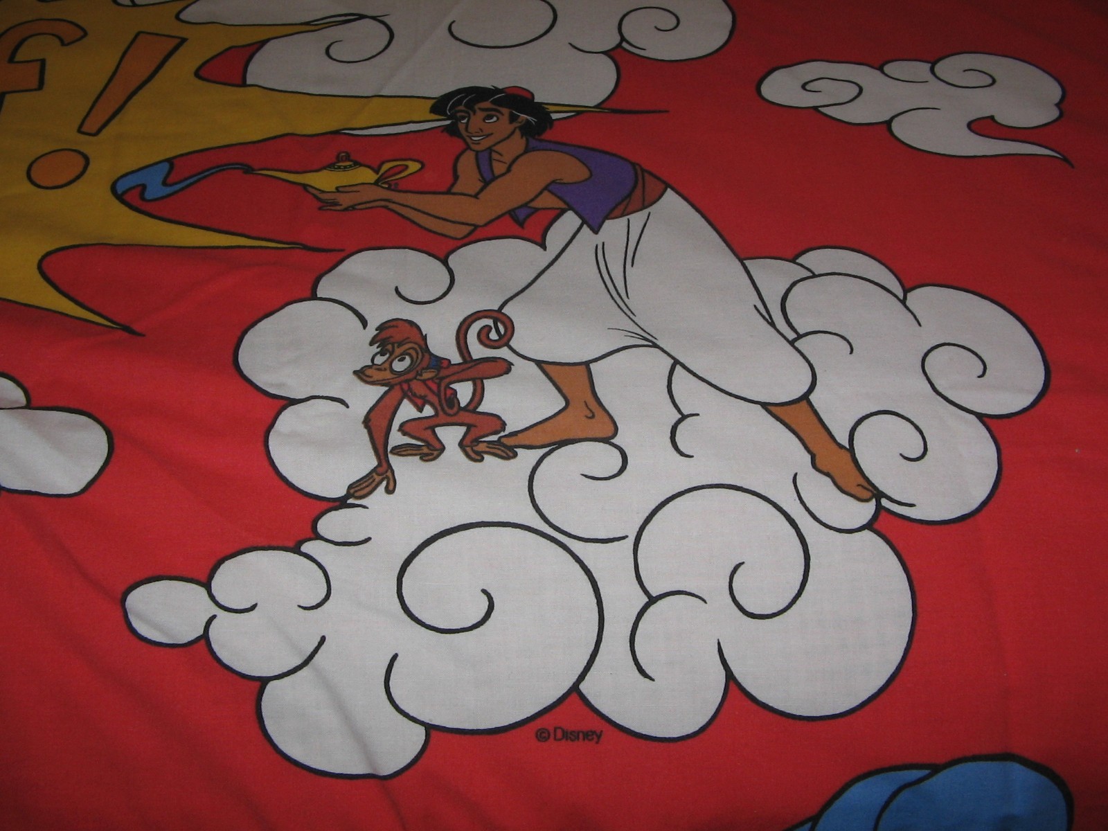 Vintage  Aladdin Genie Twin Flat Sheet Poof Sheet Disney Red