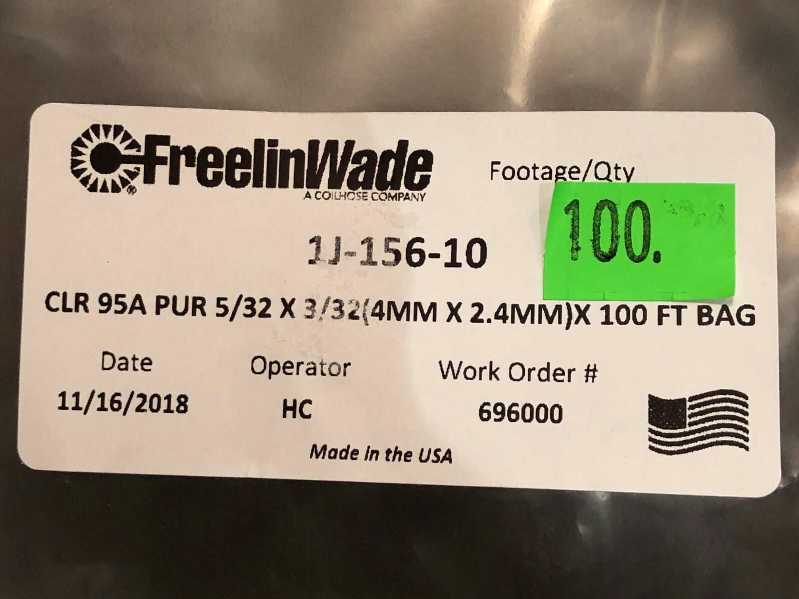 **NEW** FREELINWADE 1J-156-10        1J15610   CLR 95A PUR 5/32 x 3/32 x 100FT