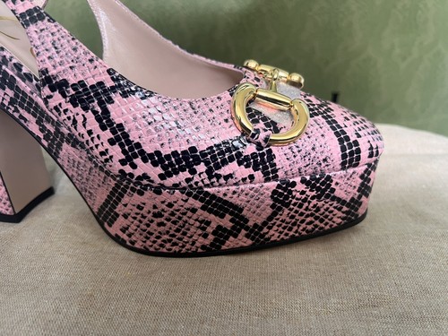 Pre-owned Gucci Shoes Python Print Leather W Horsebit Platform Slingback $1100 38.5 8.5 Us In Multicolor