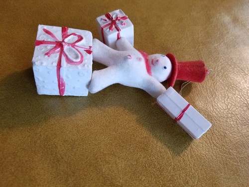 Vintage Lg Blow Mold Flock Christmas Ornament Snowman Top w/ Presents Modern Red