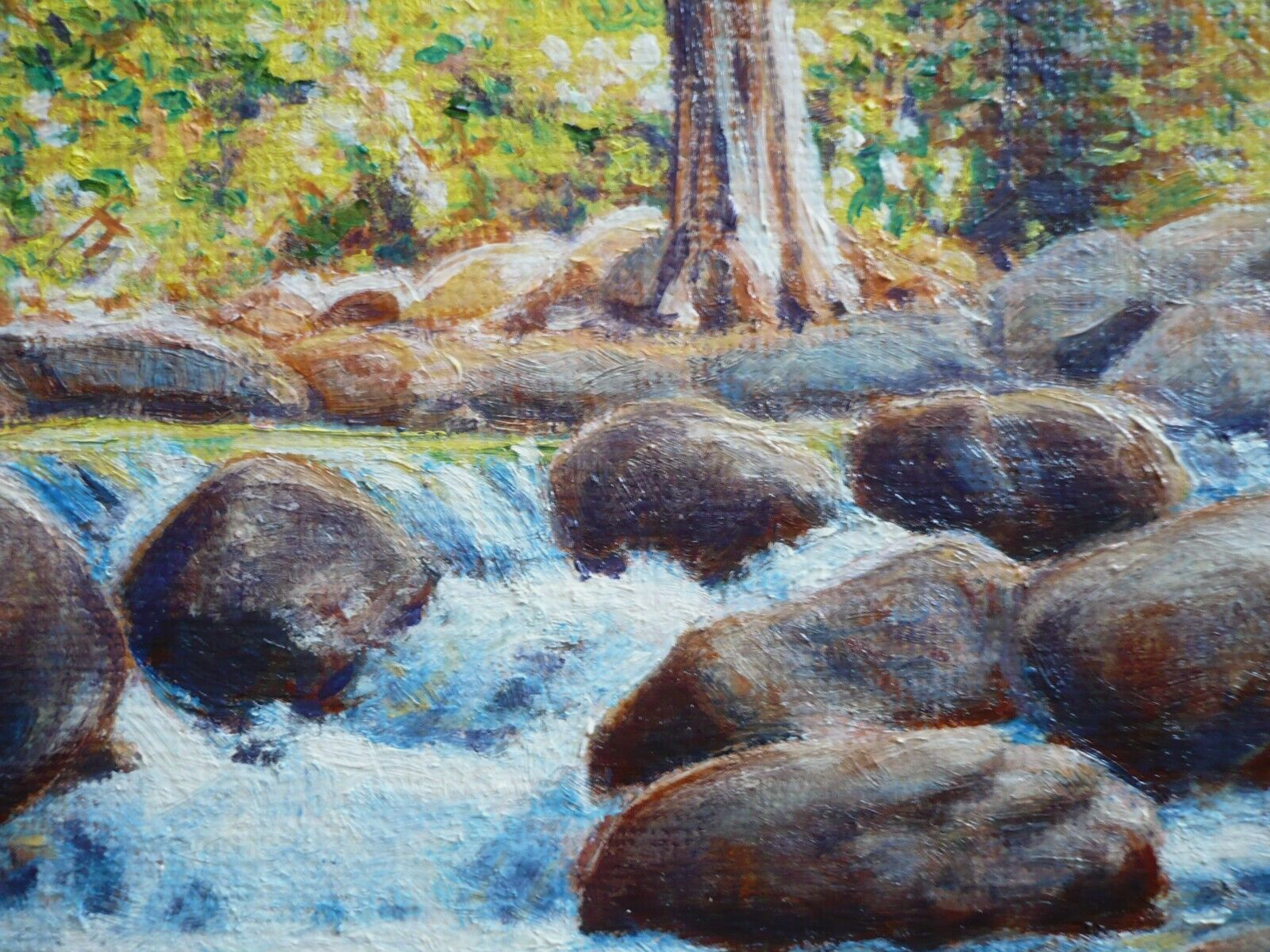 LOIS BOETTCHER, COLORFUL REALISM COLORIST, CREEK NATURE ROCKY STREAM VINTAGE OIL