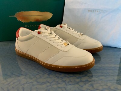 100% AUTHENTIC BUSCHEMI LOW TOP WHITE/RED LEATHER MENS SNEAKERS SIZE 42(9US) NEW