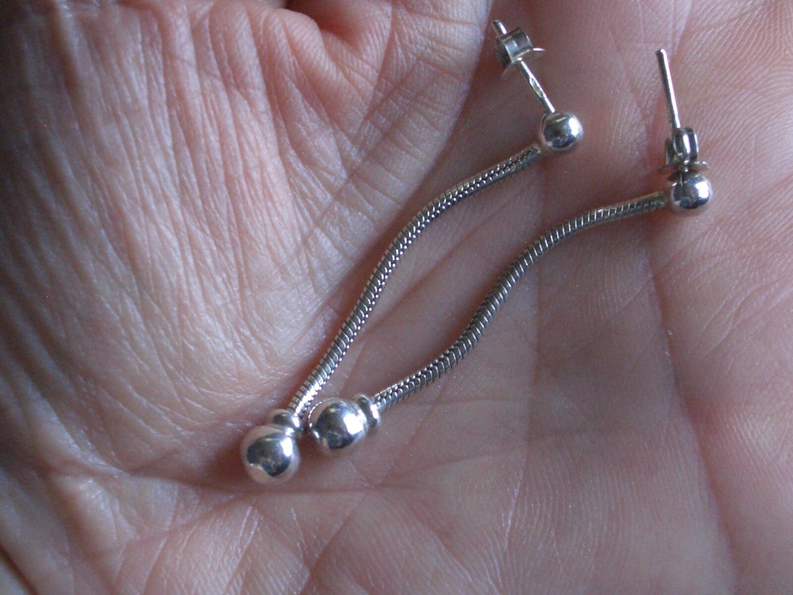 Sterling silver 925 marked snake chain bead dangle  post earrings