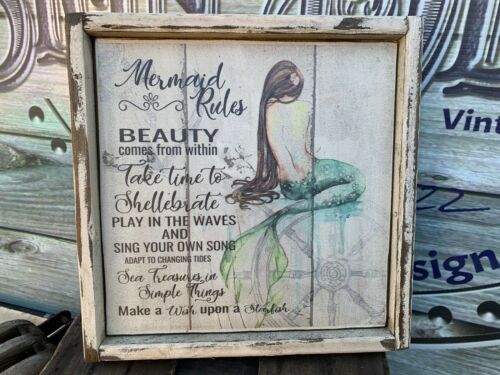 Antique Rustic Style Mermaid Rules Wooden Sign Nautical Decor 12x12