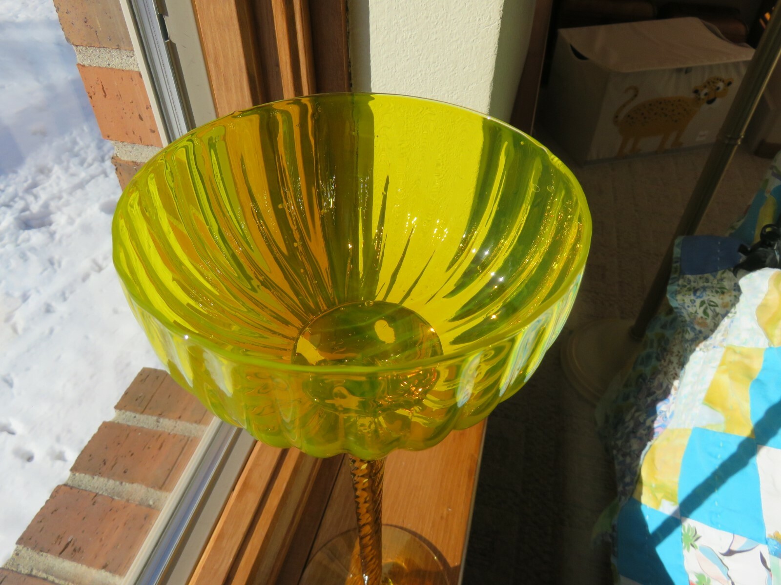 Vintage Italian Tall Twist Stem Sun Bright Yellow Glass Compote