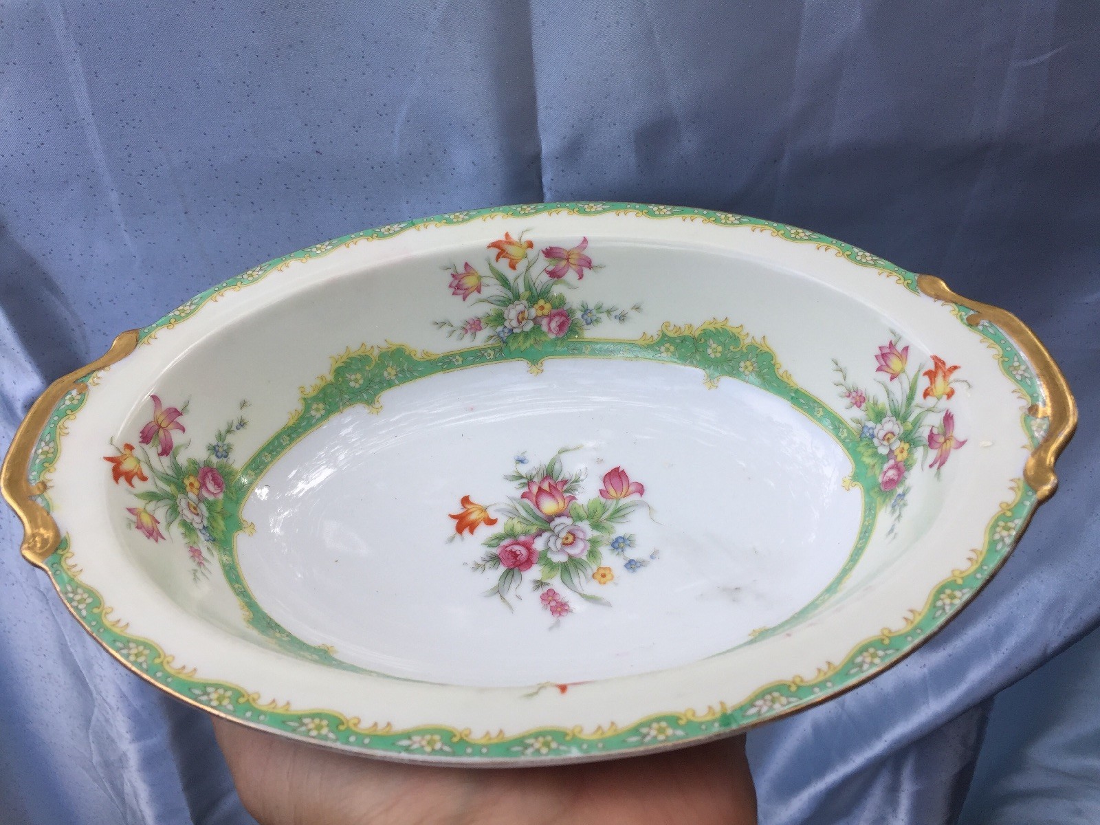 Rare REGAL CHINA OVAL SERVING BOWL French Countr FLOWERS SCROLLS GOLD JAPAN ??j8