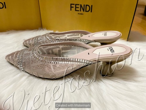 Pre-owned Fendi $1150  Colibri Mesh Medium-heel Sabots With Rhinestone Embroidery In Black