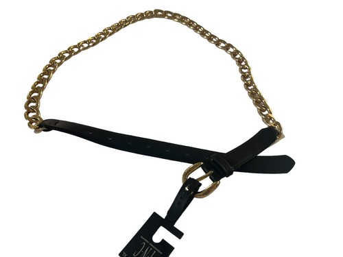 【MAISON MINED】SOLID BLACK CHAIN BELT NWT INC Medium Smooth Black Faux Leather Gold Tone Chain