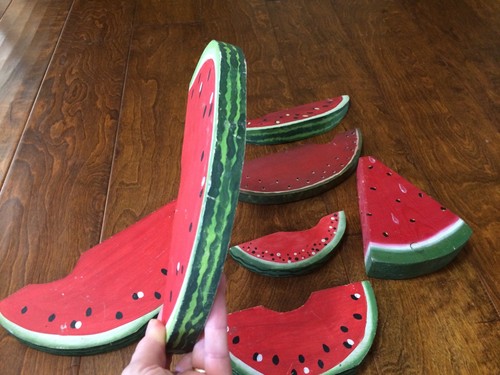 7 Hand Made Wooden Watermelon Slices Wedge,Painted Folk Art Green Red 10