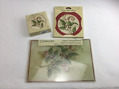 Counter Art Glass Cutting Board, Trivet, Absorbent Coasters, Holly NIP