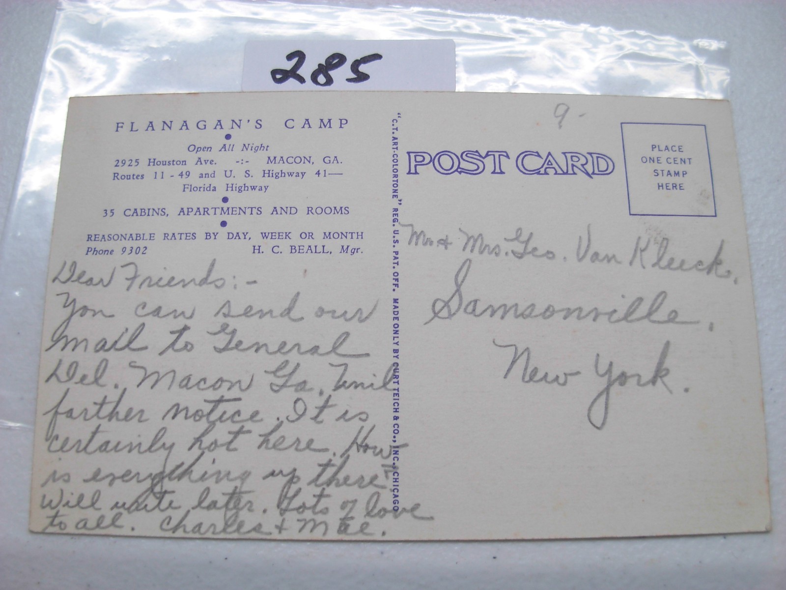 POSTCARD GEORGIA,MACON,FLANAGAN'S CAMP #285