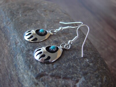 Navajo Indian Sterling Silver & Turquoise Bear Paw Dangle Earrings
