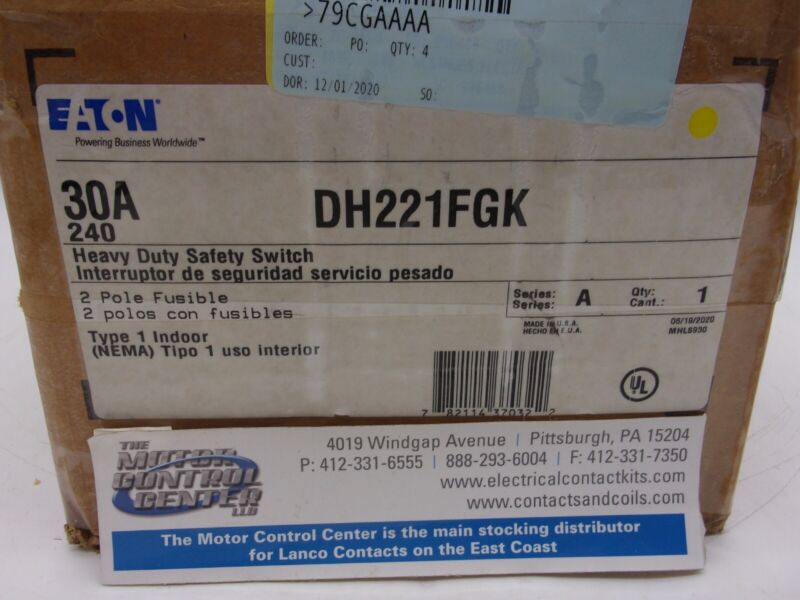 Dh221fgk-eaton-heavy Duty Safety Switch 2p,fusible,30a,240v,nema 1 Indoor