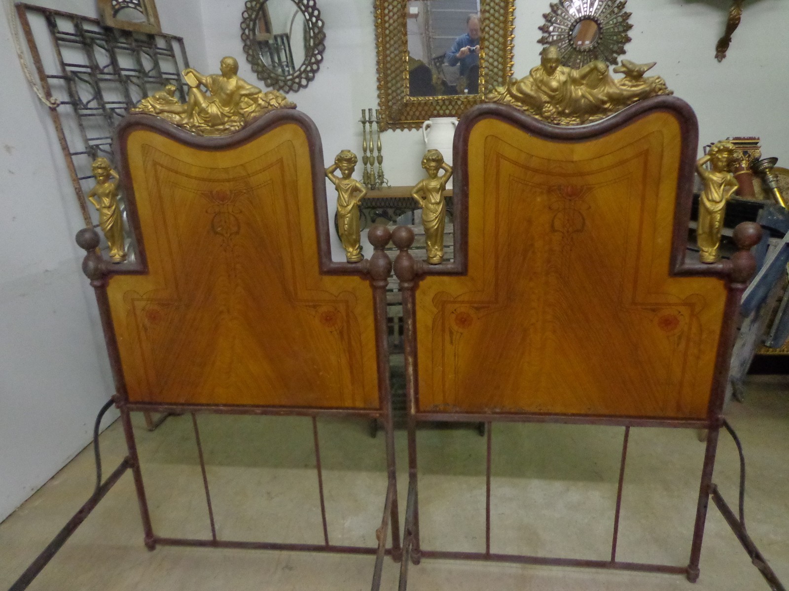 RARE PAIR OF ITALIAN ART NOUVEAU PAINT DECORATED TWIN MATRIMONIAL BEDS CA 1885