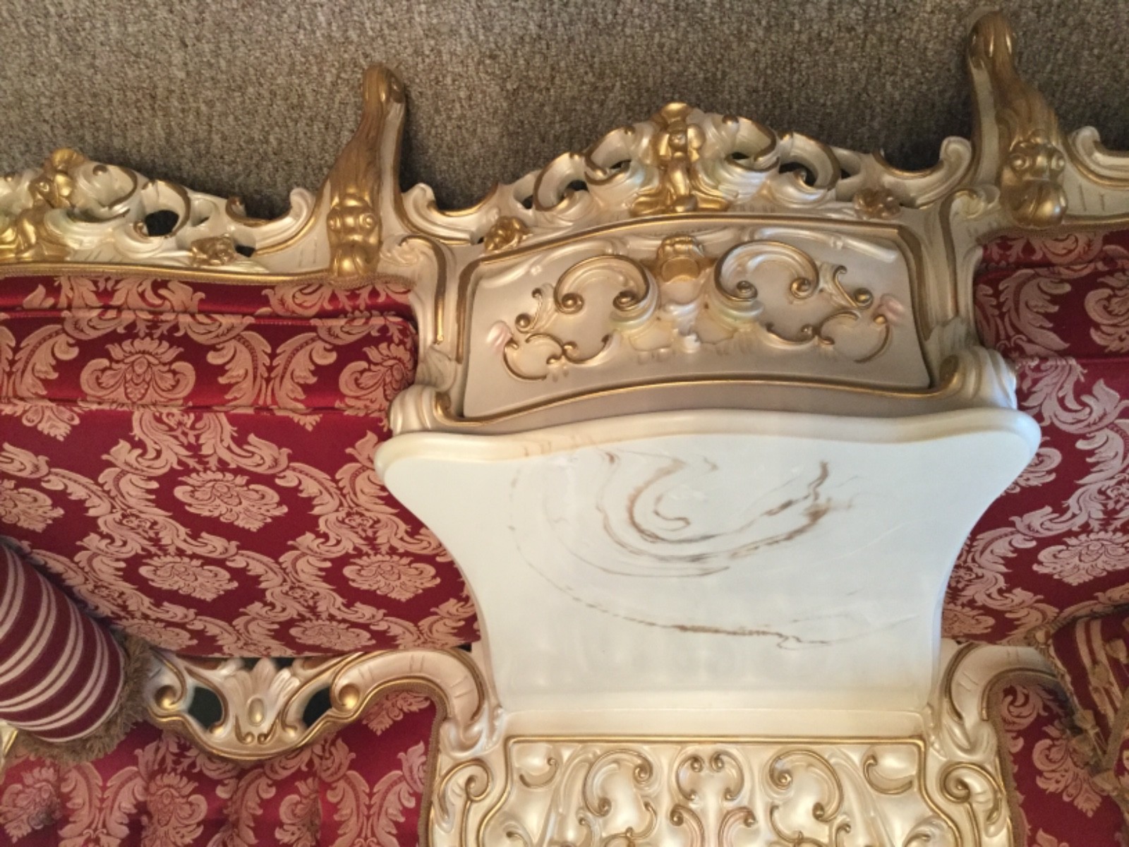 Victorian French reproduction red/gold paisley XL sofa and chair set marble top