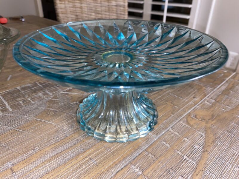Vtg Blue Crystal Glass Cake Plate Stand Diamond Pattern Footed 8in READ