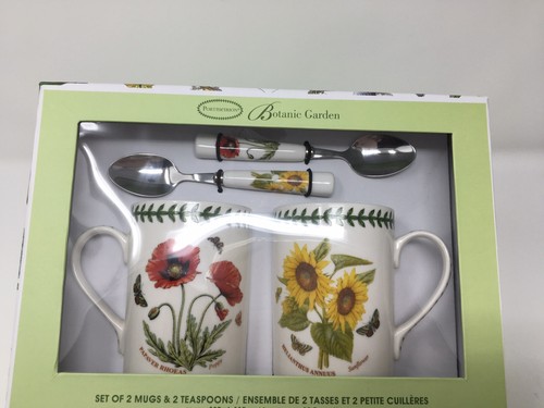 Sunflower &Poppy  BOTANIC GARDEN SET OF 2 MUGS W/ Spoons SET PORTMERION NEW