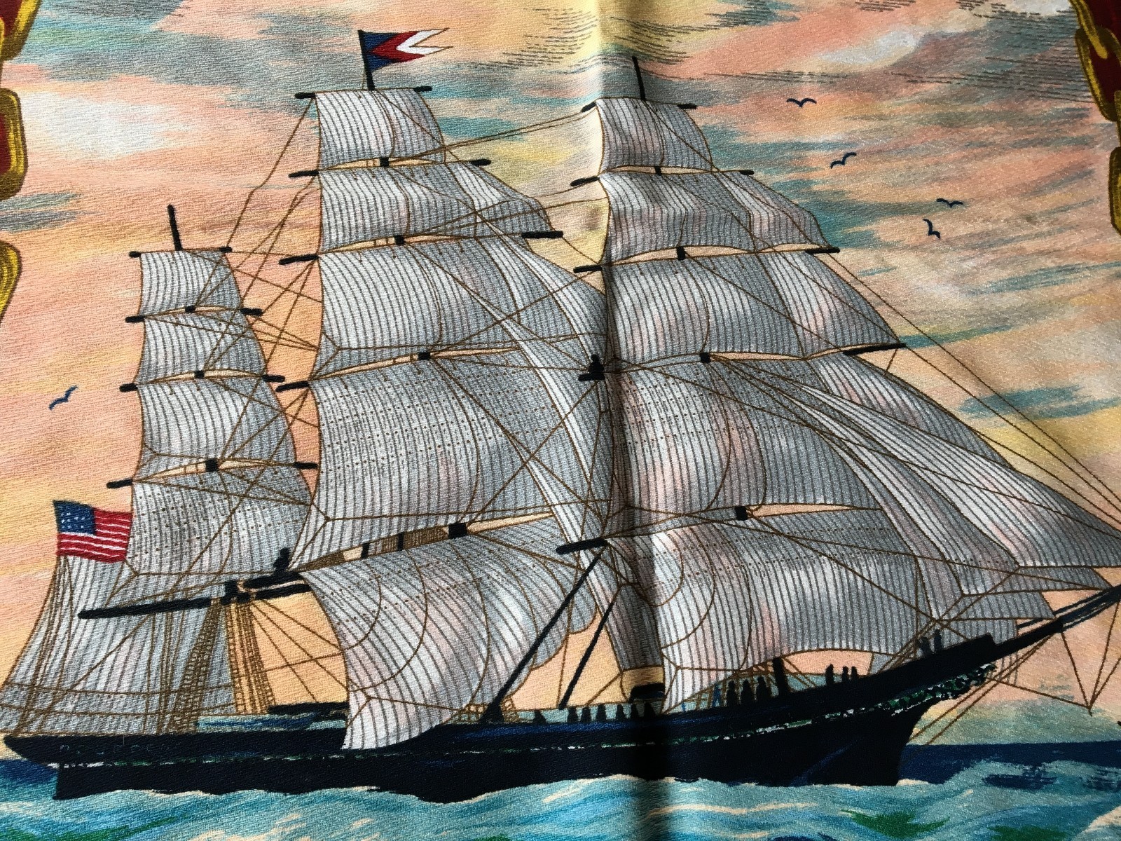 Vtg Wesco Reltex Fabric Panel Nautical Sailing Ships US American Flag 44x23