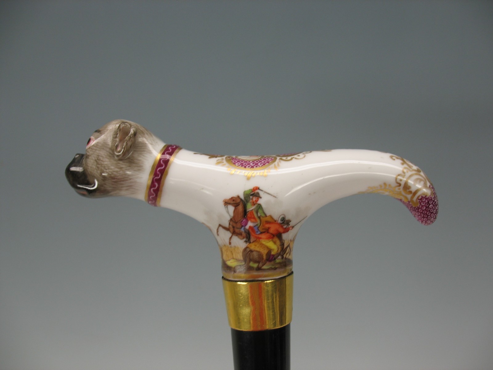 18th Century Meissen porcelain PUG dog walking stick cane handle