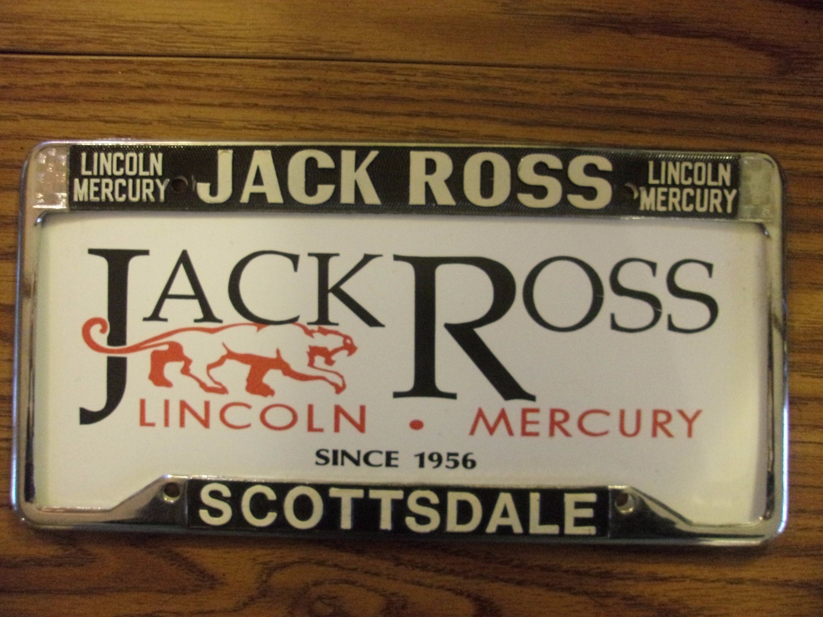 CHROME LICENSE PLATE FRAME JACK ROSS SCOTTSDALE LINCOLN MERCURY W/PLASTIC ADVT