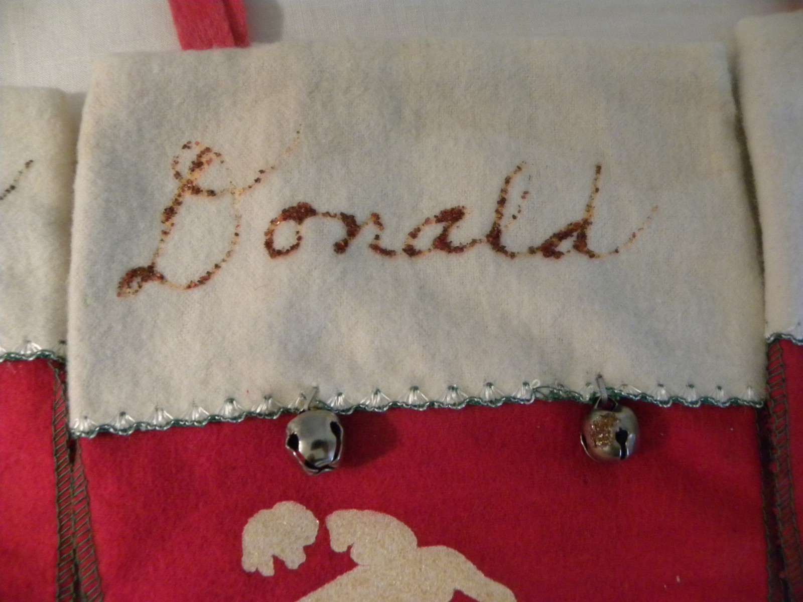 VTG RED FLANNEL FLOCKED CHRISTMAS STOCKING BELLS GREETING SANTA W/NAMES