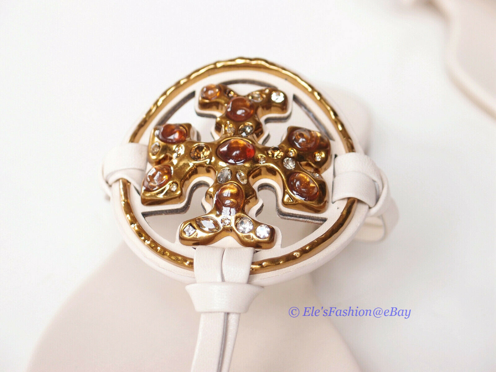 Pre-owned Tory Burch Jeweled Miller Leather Thong Sandal Brie Us 6.5 7 7.5 8 8.5 9 9.5 In Beige