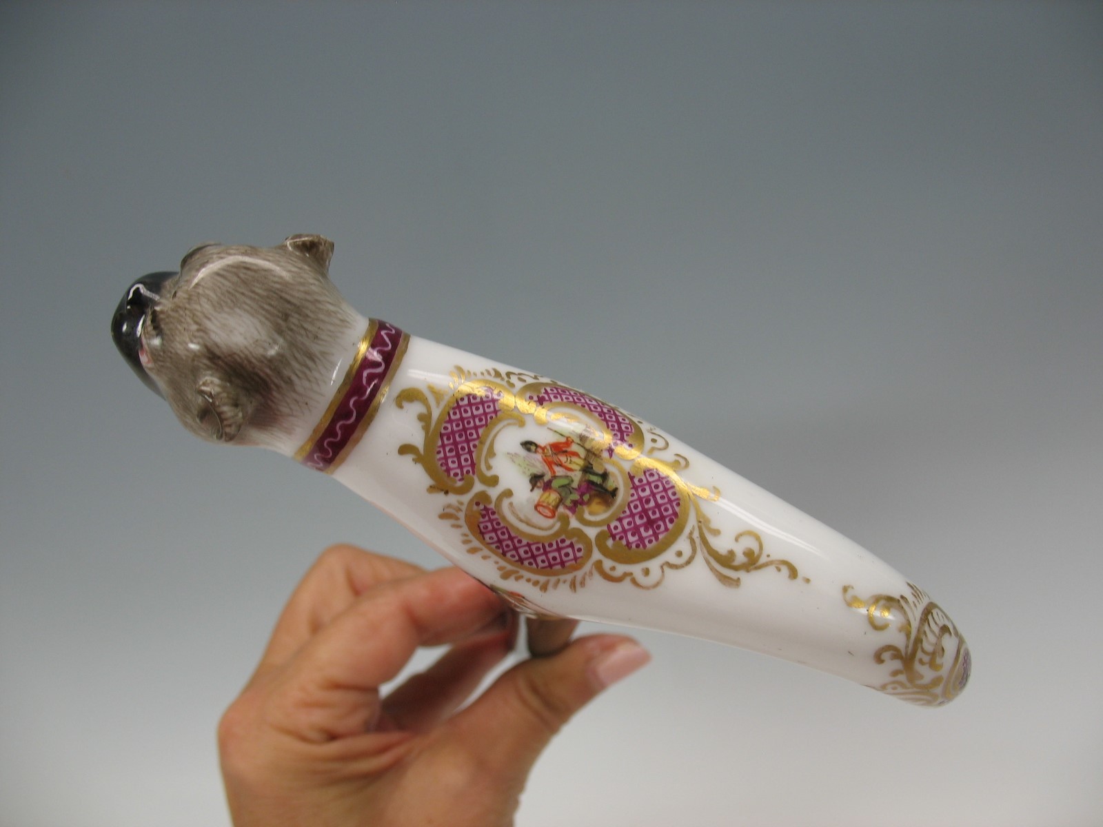 18th Century Meissen porcelain PUG dog walking stick cane handle
