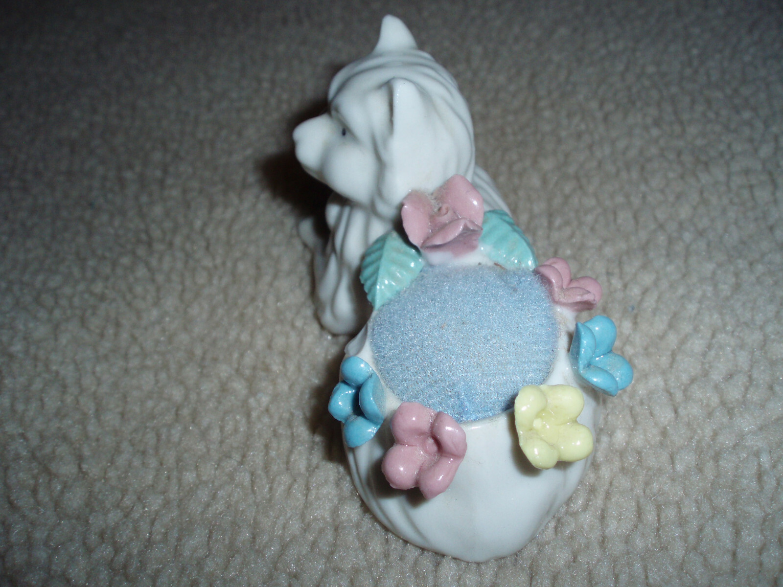 Vintage Porcelain Kitty Cat Sewing Pin Cushion White w/ Pastel Flowers Japan