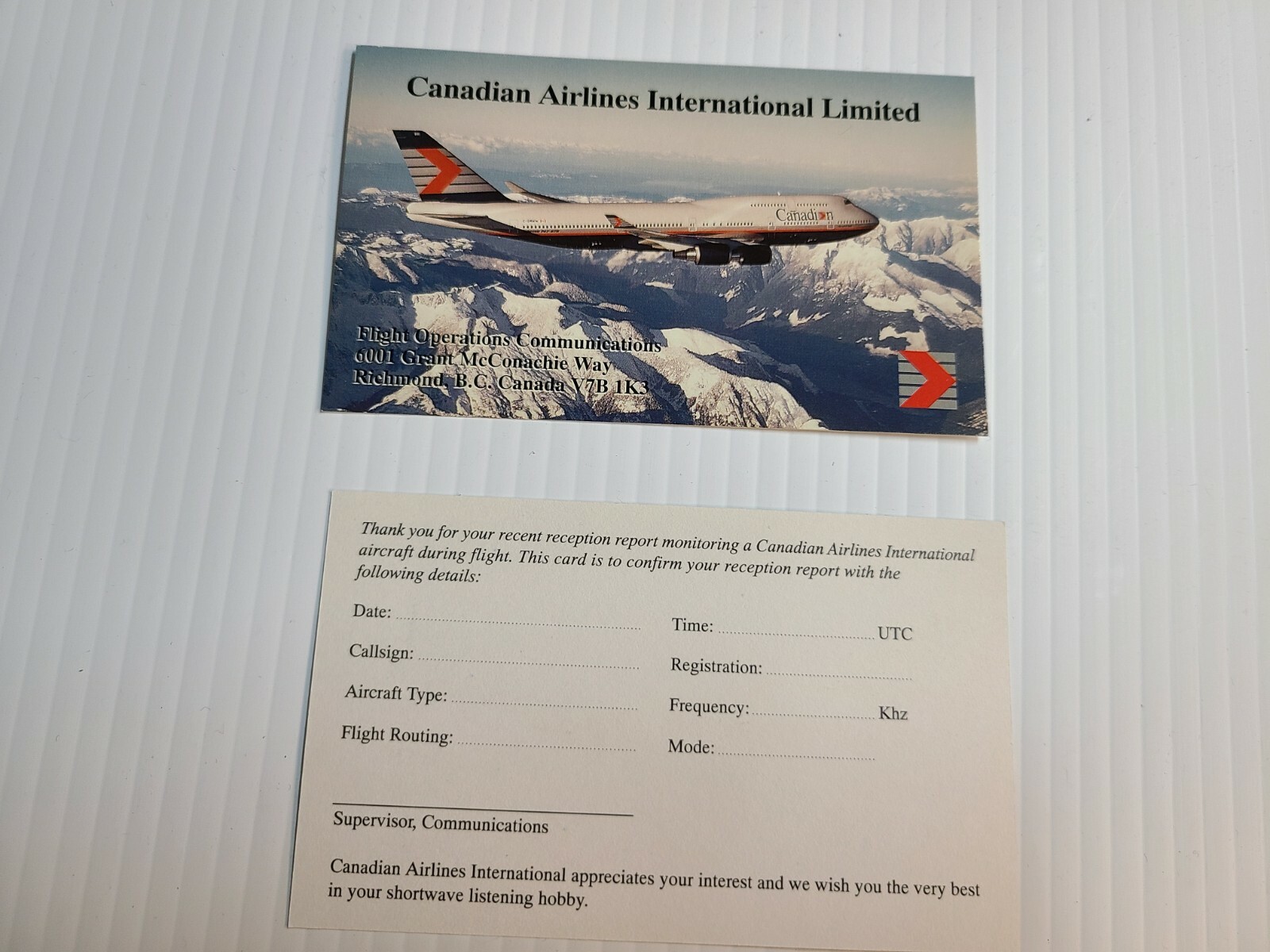CANADIAN AIRLINES INTERNATIONAL LTD. RECEPTION REPORT MONITORING 