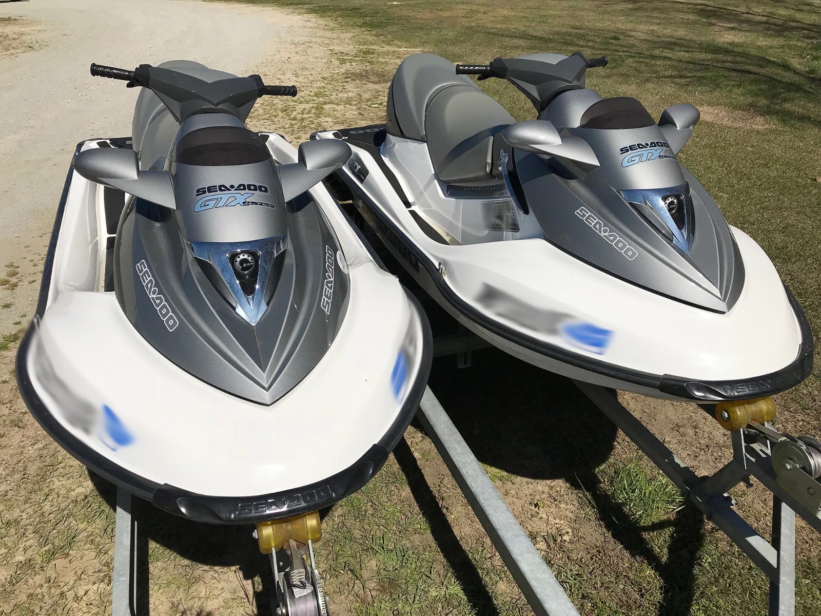 2 Sea-Doo Bombardier GTX Supercharged Jet Skis with Covers and Trailer Included