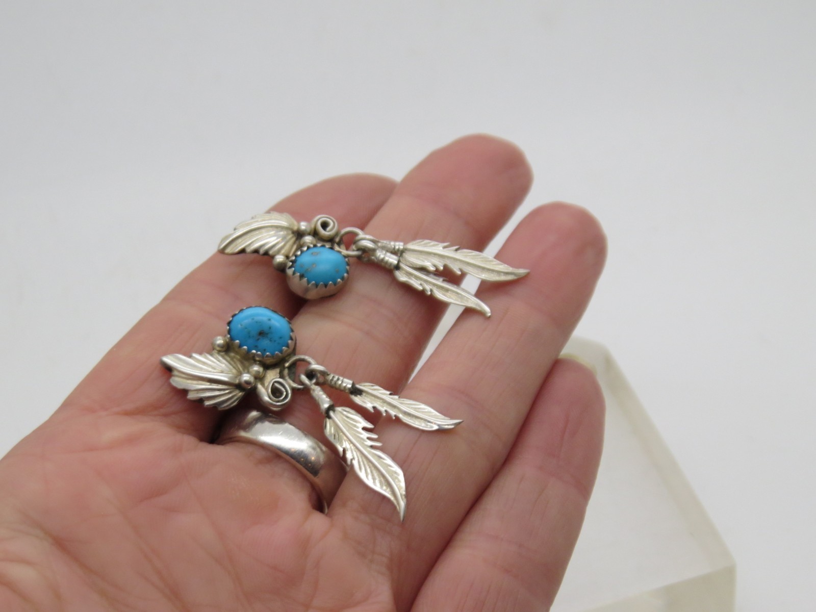 Vintage Blue Turquoise w/ Southwest Feathers Sterling Silver Pierced Earrings E