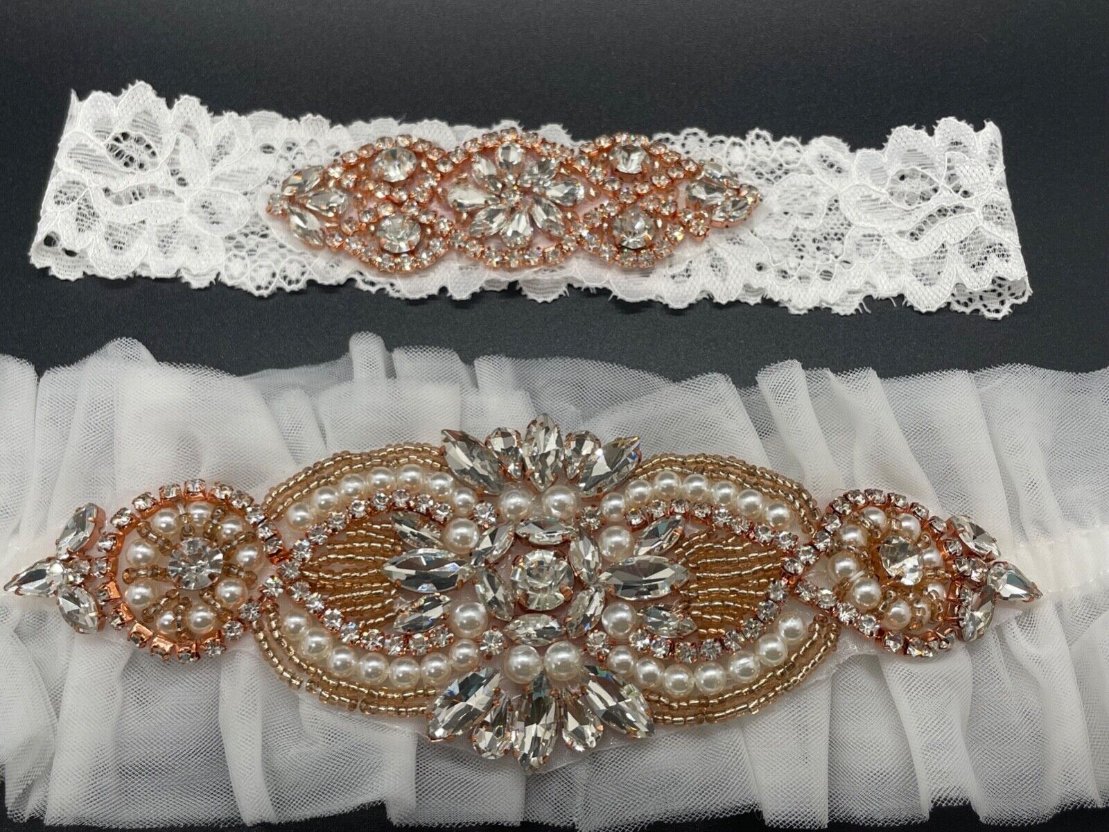 Bridal Garter Belt Set with Crystals Rosegold Glass Beads and Pearls - Brand New